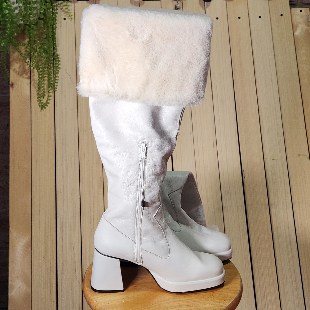 Knee High Boots Genuine Leather White Fur-Trimmed Made In Spain